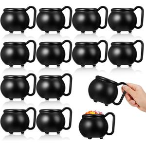 12/24 Pcs Halloween Cauldron Mug 12 oz Black Plastic Cauldron Candy Pot Kettle Witch Brew Mugs Halloween Party Cups Witch Party Supplies (12)