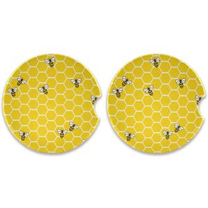 susiyo Car Coasters 2 Pack, 2.5inch Absorbent Ceramic Coaster for Cup Holder (Bees and Honey)