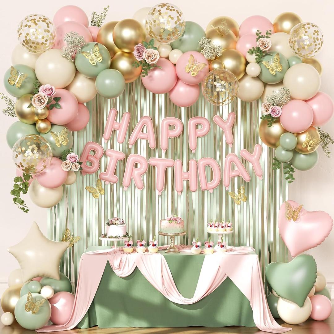 Pink and Green Birthday Decorations for Women Girls, Sage Green Pink Sand White Gold Foil Confetti Balloons Happy birthday Banner Gold Butterfly Fringe Curtains Birthday Decorations