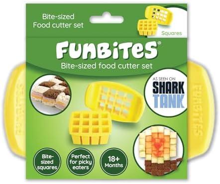FUNBITES Crustless Sandwich Cutter for Kids Lunch (2-piece set), Uncrustable Sandwich Cutter, Bite-Size Food Cutter for Toddlers, Bento Box Accessories, BPA-FREE Dishwasher Safe, Yellow Squares 1pk