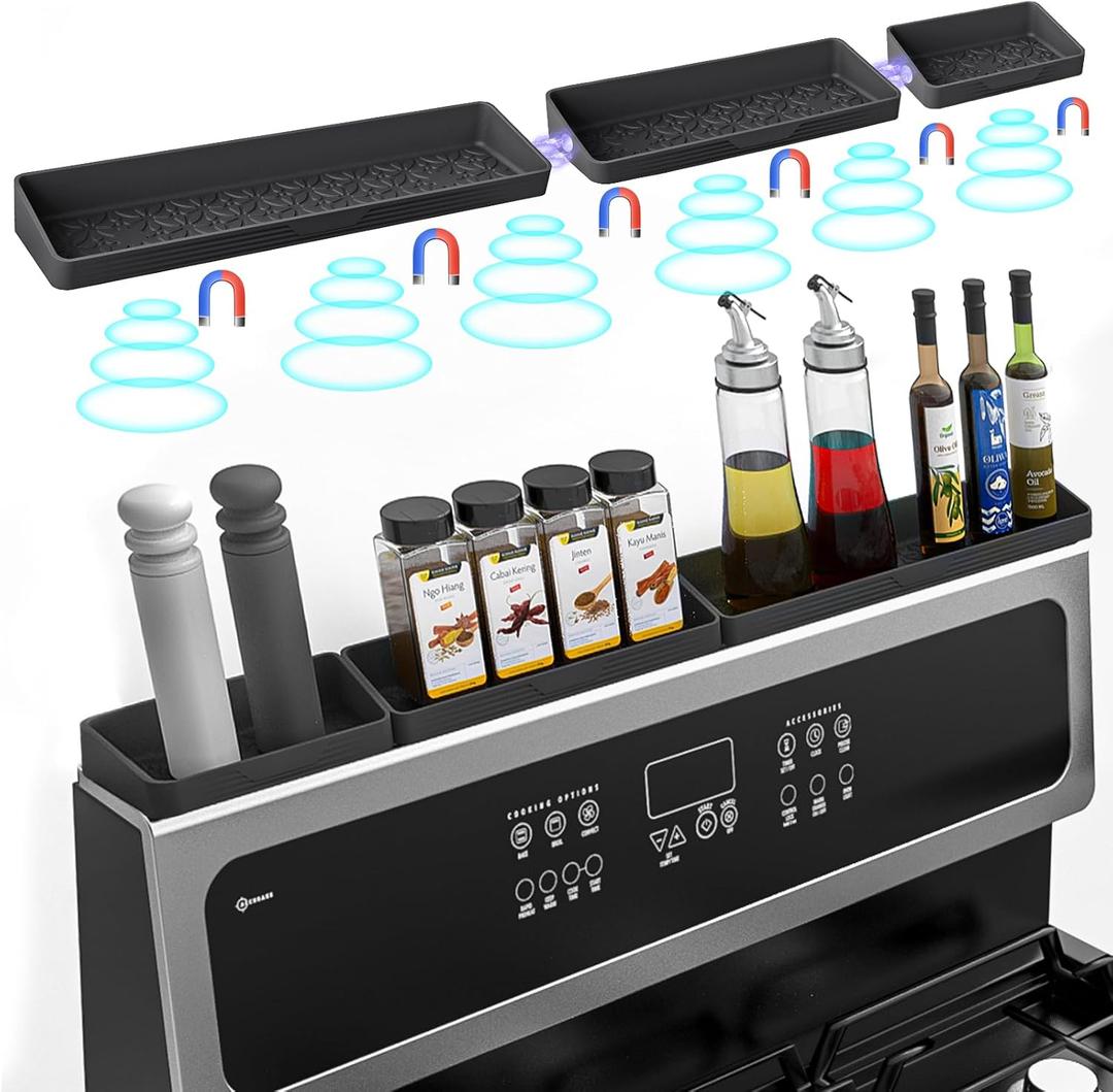 30"/24"/20" Silicone Magnetic Shelf for Stove Top for Kitchen Gadgets, Soft Flexible Strong Magnetic Heat Resistant Over the Stove Top of Shelf Spice Rack Kitchen Organizer for Back of Oven (3parts- Black)