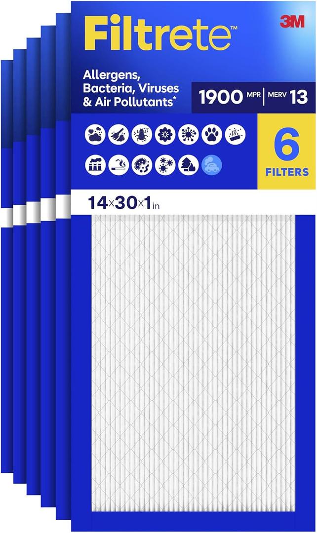 Filtrete 14x30x1 Air Filter, MERV 13 MPR 1900, Allergens, Bacteria, Viruses & Air Pollutants, 3-Month AC/Furnace Filters, Cleaner Air Reliable Airflow, 6 HVAC Filters(Act Size 13.81x29.81x0.78 in)