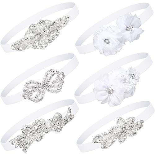 White Baptism Headband for Baby Girl Toddler Elastic Chiffon Flower Crystal Lace Headbands Christening White Baby Baptism Headband Gifts Birthday Baby Shower Party (Elegant Style), 4 pc