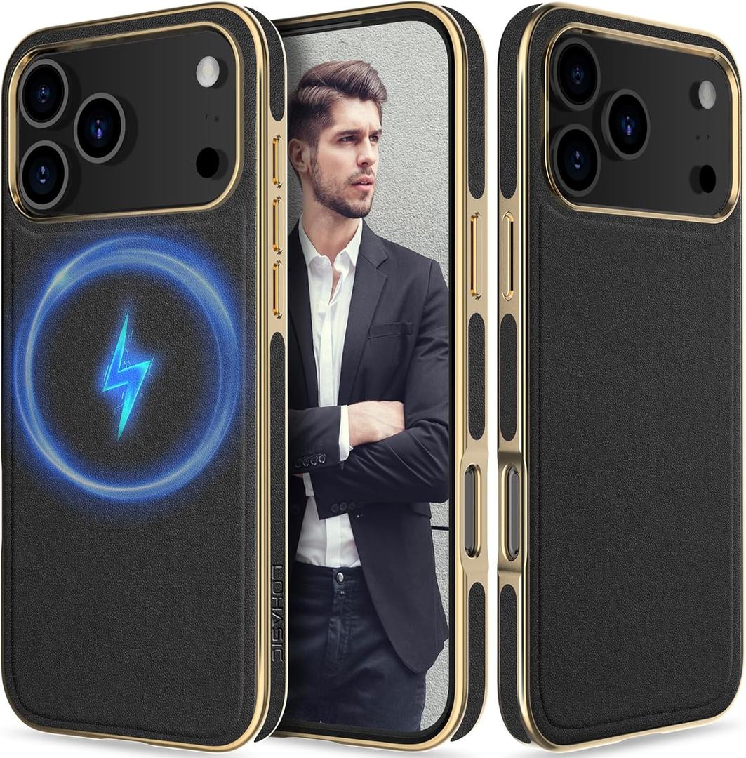 LOHASIC for iPhone 17 Pro Case Leather, Luxury Vegan Leather Business Style Strong Magnetic Cover Protective Cases Compatible with MagSafe 6.3 inch 2025, Black Gold