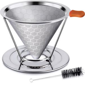 Pour Over Coffee Dripper, Stainless Steel Coffee Filter Reusable Pour Over Coffee Filter Cone Coffee Dripper with Removable Cup Stand and Bonus Brush