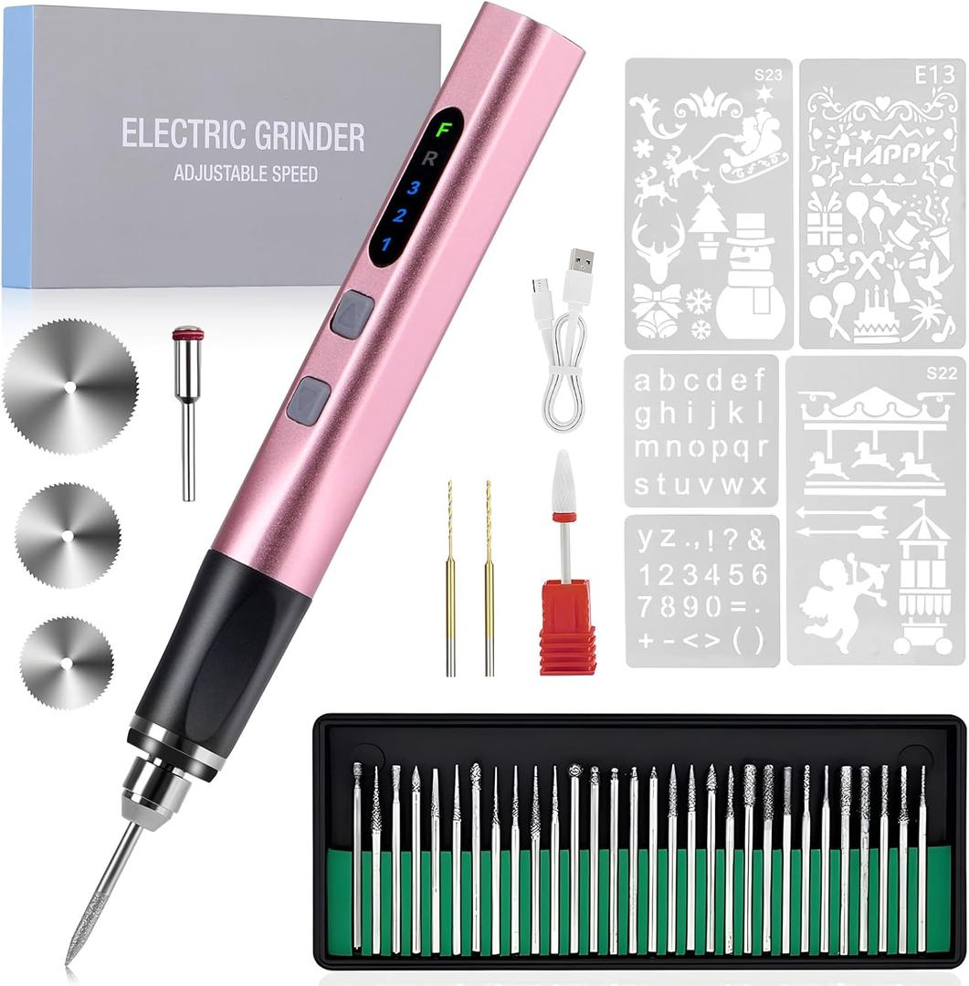 [Upgrade 2-Way Rotary] Electric Engraving Pen with 37 Bits, Cordless Engraver Pen USB Rechargeable, Portable DIY Rotary Engraver Machine for All Materials (Rose red)