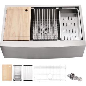 33 Inch Farmhouse Sink - Loftus Apron Front Kitchen Sink 16 Gauge Stainless Steel Workstation Ledge Deep Single Bowl Farm Sink with Accessories