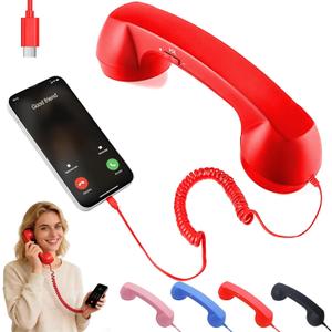 Retro Handset for Mobile Phones  Classic Wired Phone Handset with Type-C Connector, Vintage Landline for iPhone, Android, Smartphone, Call Receiver, Comfortable Grip, Stylish Phone Accessory (Red)