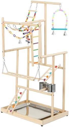 Navaris Wooden Parrot 4-Tier Playpen - Vibrant Budgie Playground with Parrot Stand Ladder Toys and Accessories - Bird Play Stand - Budgie Perch for Fun, 48.5L x 35W x 97H cm