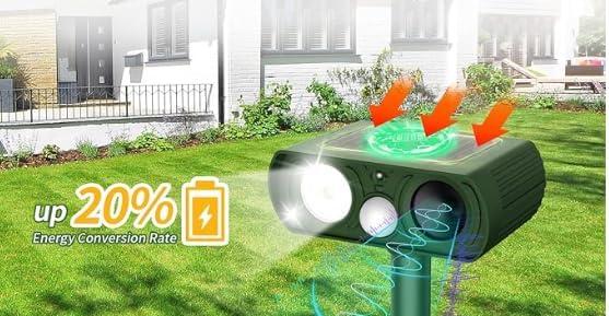 Upgraded Solar Ultrasonic Animal Repellent Outdoor, Deer Repellent Devices Squirrel Cat Raccoon Rabbit Dog Deterrent, Keep Skunk Away Motion Detection with Flash Light for Yard Garden Lawn 1PACK, Green