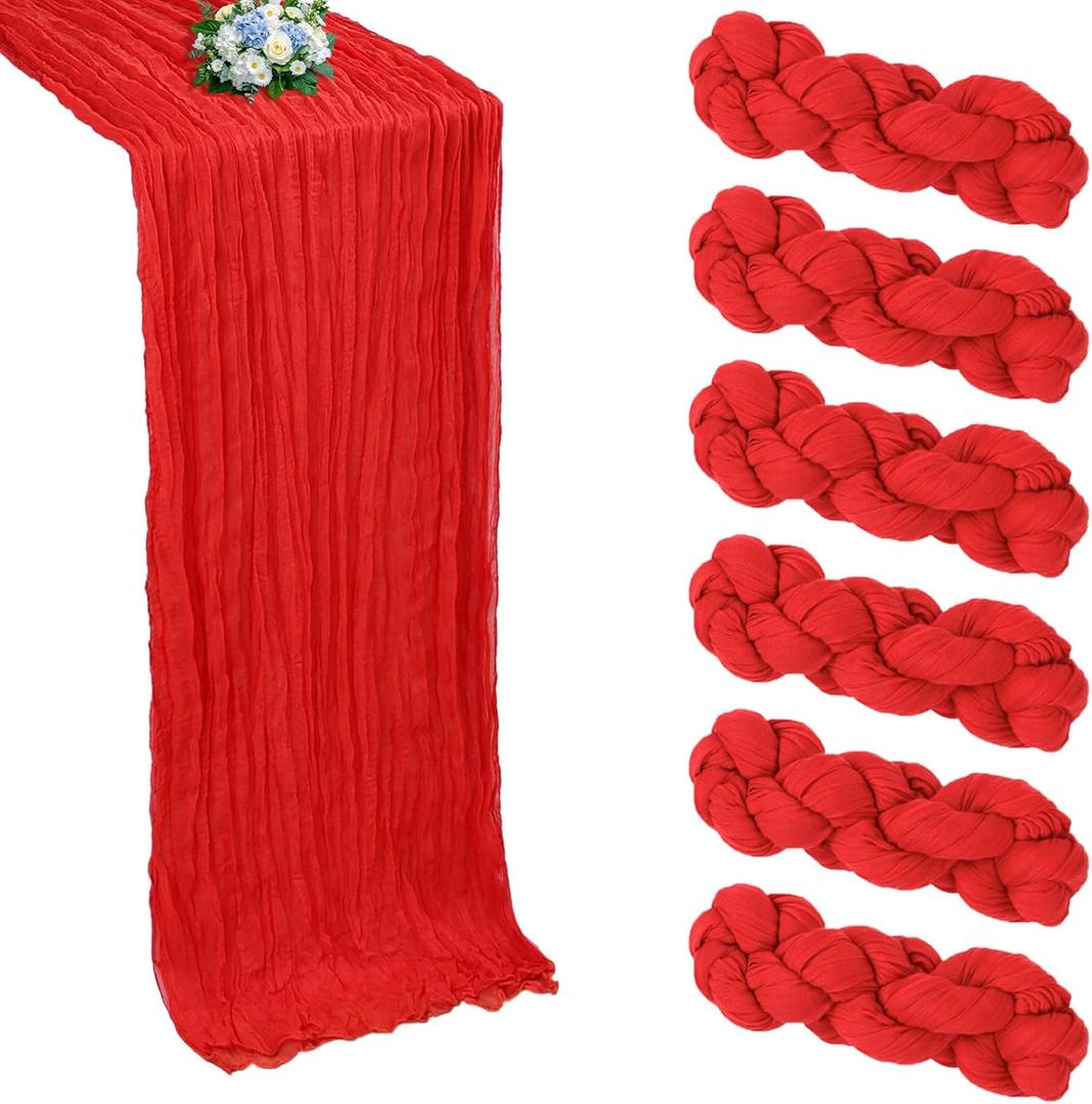 6 Pack Red Table Runner Cheesecloth 10FT Boho Cheese Cloths Gauze Fabric Table Runner 120 Inch Rustic Sheer for Spring Wedding Birthday Party Baby Shower Holiday Home