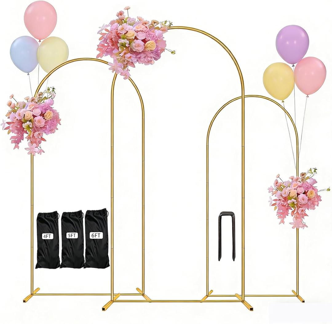 Balloon Arch Stand,Arch Backdrop Stand,Birthday Decorations,Party Decorations,4FT+5FT+6FT,Three Storage Bags,Golden,Metal