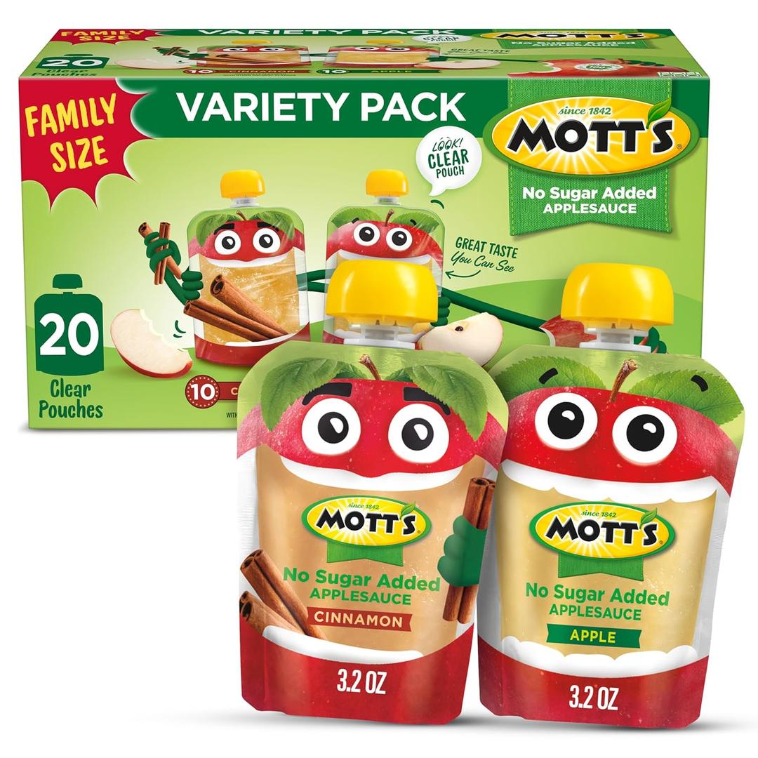 Mott's No Sugar Added Applesauce Variety Pack, Cinnamon and Apple, Made from Real Fruit, No Artificial Flavors, 3.2 Oz Clear Pouches, 20 Pack (EXP 01/22/26)