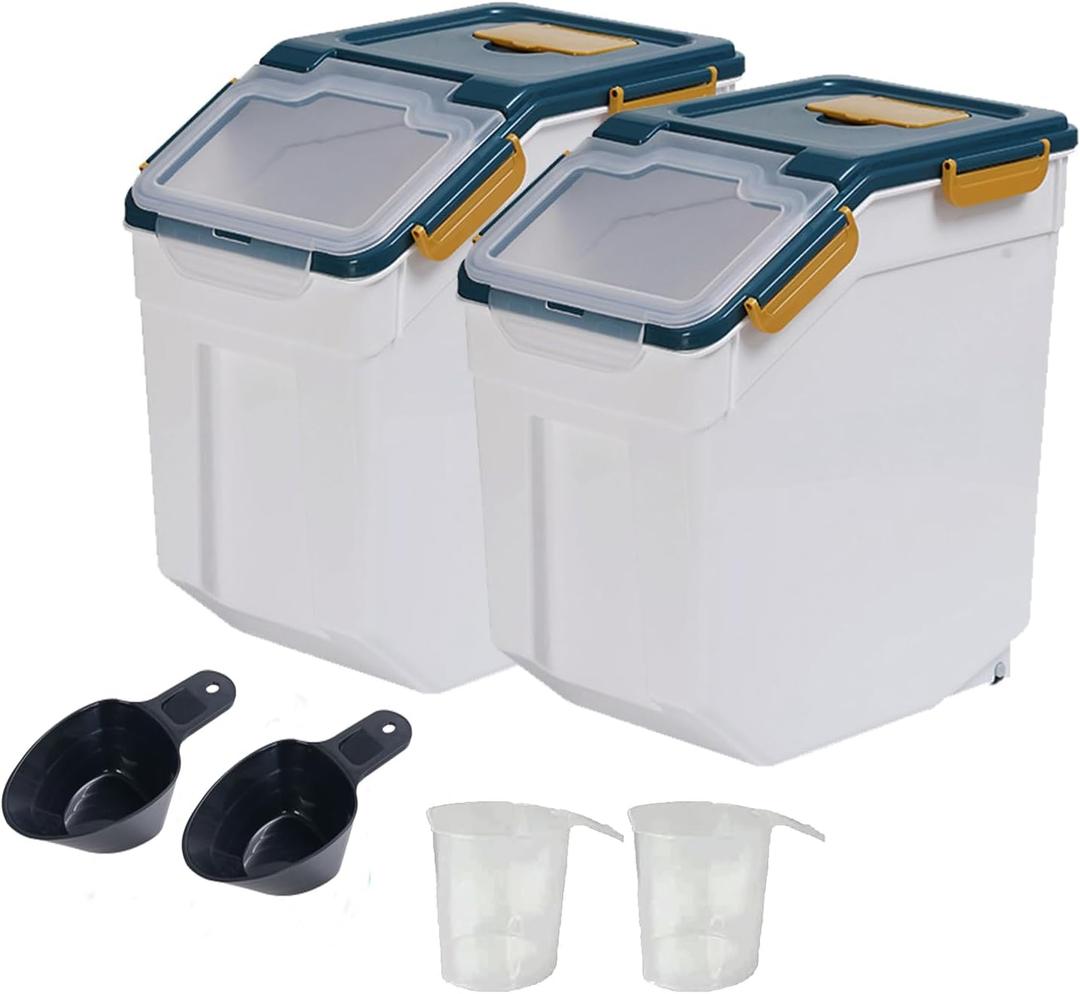 Large Flour Storage Container Bin 25lb, 2Pack Airtight Rice Storage Containers with Wheels Seal Locking Lid, BPA Free with Measuring Cup&Scoop for Flour, Rice, Grain(Blue)