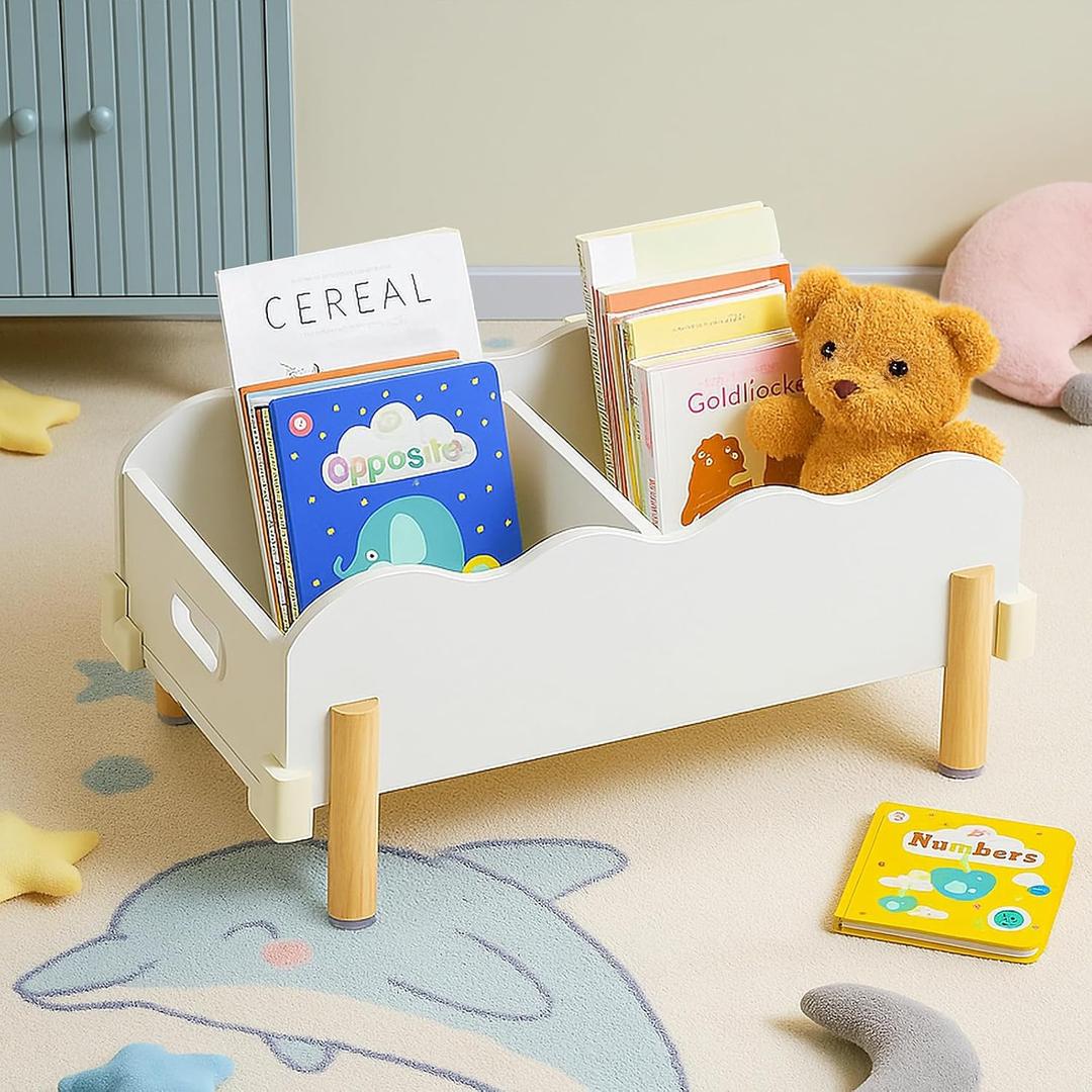 HouseJoy Wooden Bookself for Kid, White Kids Bookshelf and Toy Storage, Toddler Bookshelf for with 2 Adjustable Divider, Baby Bookcase for Children's Room Classroom Nursery