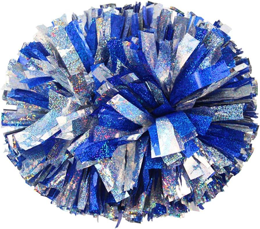 Lovecheer 2PCS Metallic Holographic Cheerleader Pom Poms with Baton Handle Professional Cheerleading Pom Poms for Sports Team Spirit Party Daily Training (Blue and Silver)