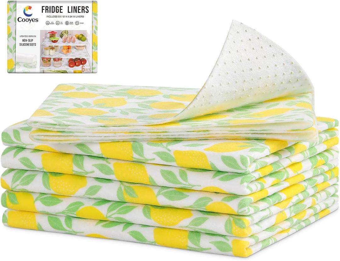 Cooyes 6 Pack Polyester Shelf Liners for Kitchen Cabinets, 12"  24", Non-Slip Refrigerator Liners Machine Washable, Refrigerator Drawer Mats for Glass Shelves and Kitchen Cabinets (Yellow Lemon)