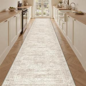 3x16 Washable Runner Rug for Hallway, Non-Slip Long Hallway Runner for Entryway, Soft Vintage Kitchen Mats for Floor, Abstract Dining Room, Bedroom, Living Room Rugs (3'x16', Beige/Ivory)
