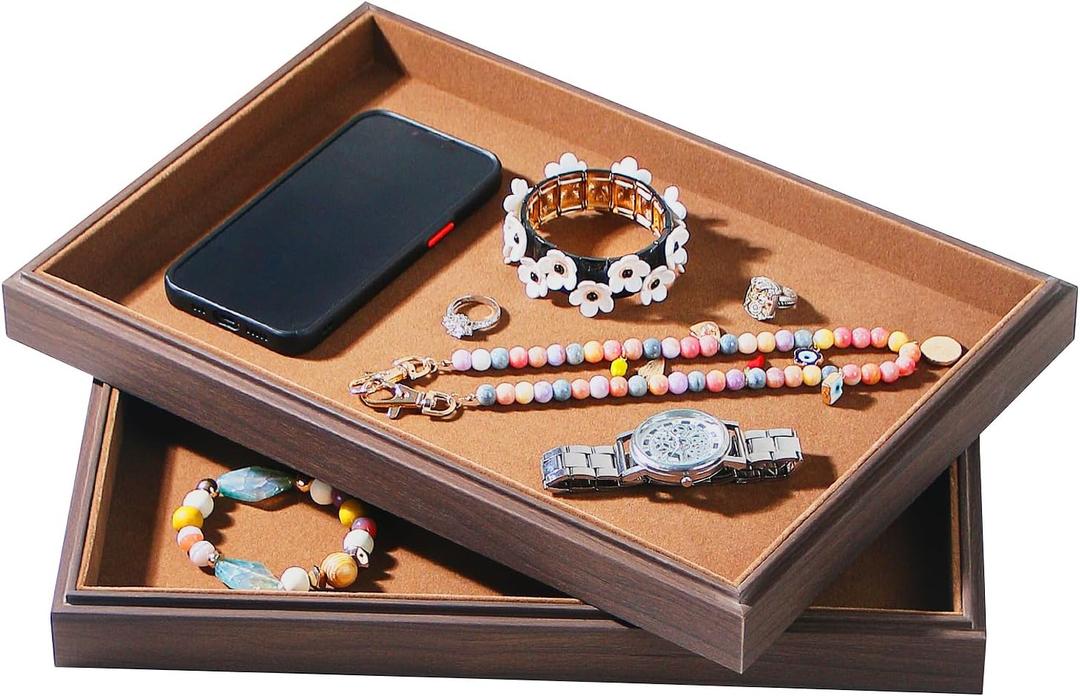 2Pcs/Set Wood Jewelry Organizer Tray, Stackable Blank Tray for Drawer, Rings Earring Storage Case, Necklace Accessories Display Holder for Store Selling or Home Show