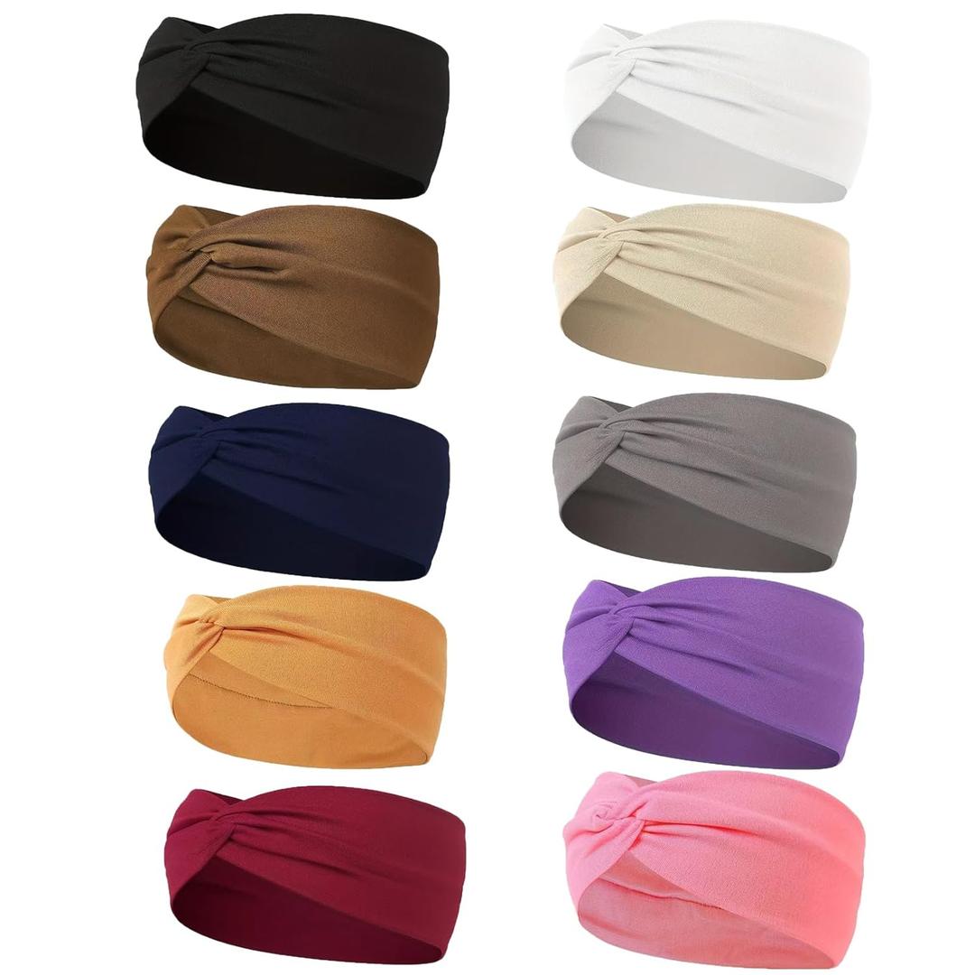 10PCS Headbands for Women Hair Cotton Headband Non-slip Stretchy Elastic Head Wrap Holder Hair (Wine Bed & Wood Yellow & Navy Blue & Dark Pink & Dark Purple & Curry & Dark Grey & Dark Curry & Black) (2.75*6.3in)