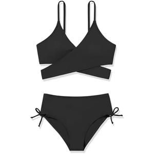 ESHOO Girls Swimsuits 2 Piece Bathing Suit Cute Bikini Sets V Neck Criss Cross Swimwear with Chest Pad for Teen Girls 13-14Y