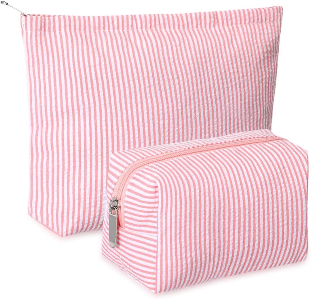 Huhumy 2 Pcs Makeup Bag Set Cute Cosmetic Pouch for Women Seersucker Travel Toiletry Bag Preppy Small Makeup Purse Pouch Aesthetic Skincare Brushes Storage Organizer for Valentine Women(Rose Pink)