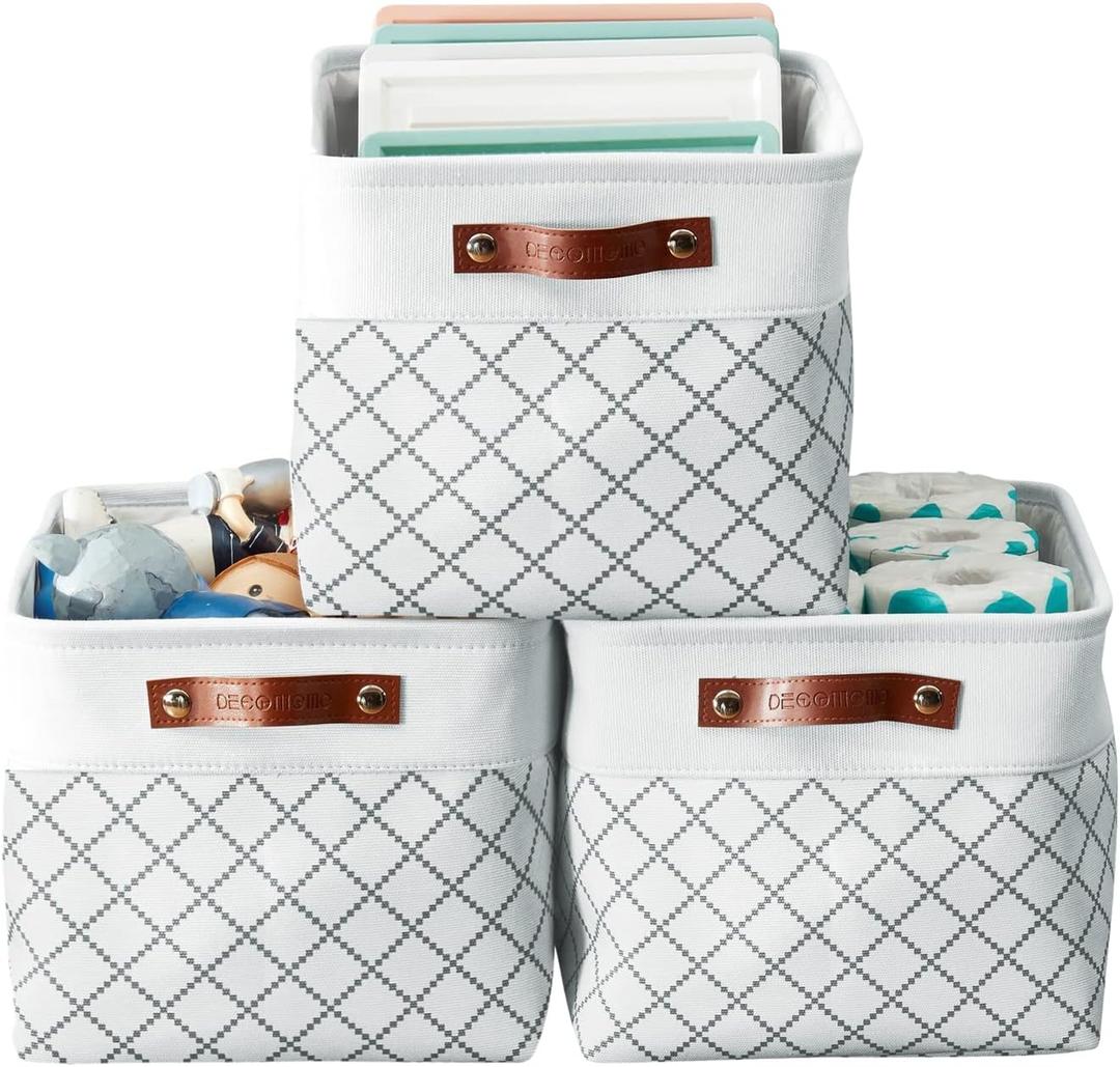 DECOMOMO White Storage Bins Fabric Storage Baskets for Shelves, Linen Closet Organization Toys Nursery (White Check, Large - 3 Pack) (Large/3P - 15"x11"x9.5")