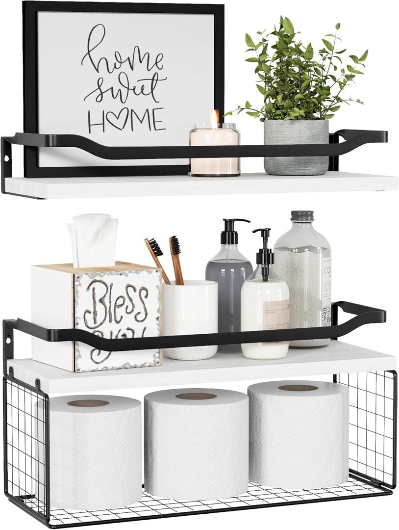 WOPITUES Floating Shelves with Wire Storage Basket, Bathroom Shelves Over Toilet with Protective Metal Guardrail, Wood Wall Shelves for Bathroom Organizers and Storage, Toilet Paper-White (15.7 inch)