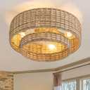 Boho Caged Ceiling Fans with Lights Flush Mount, Layered Rattan Ceiling Fan with Light Remote Control with Reversible 6 Speeds for Bedroom, Nursery, Living Room, E26 Base, Indoor