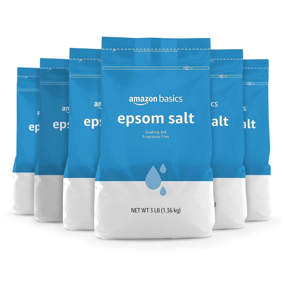 Amazon Basics Epsom Salt Soak, Fragrance Free, Magnesium Sulfate USP for Relaxation and Soothing Foot Soaking, 3 Pound Resealable Bags, 6-Pack