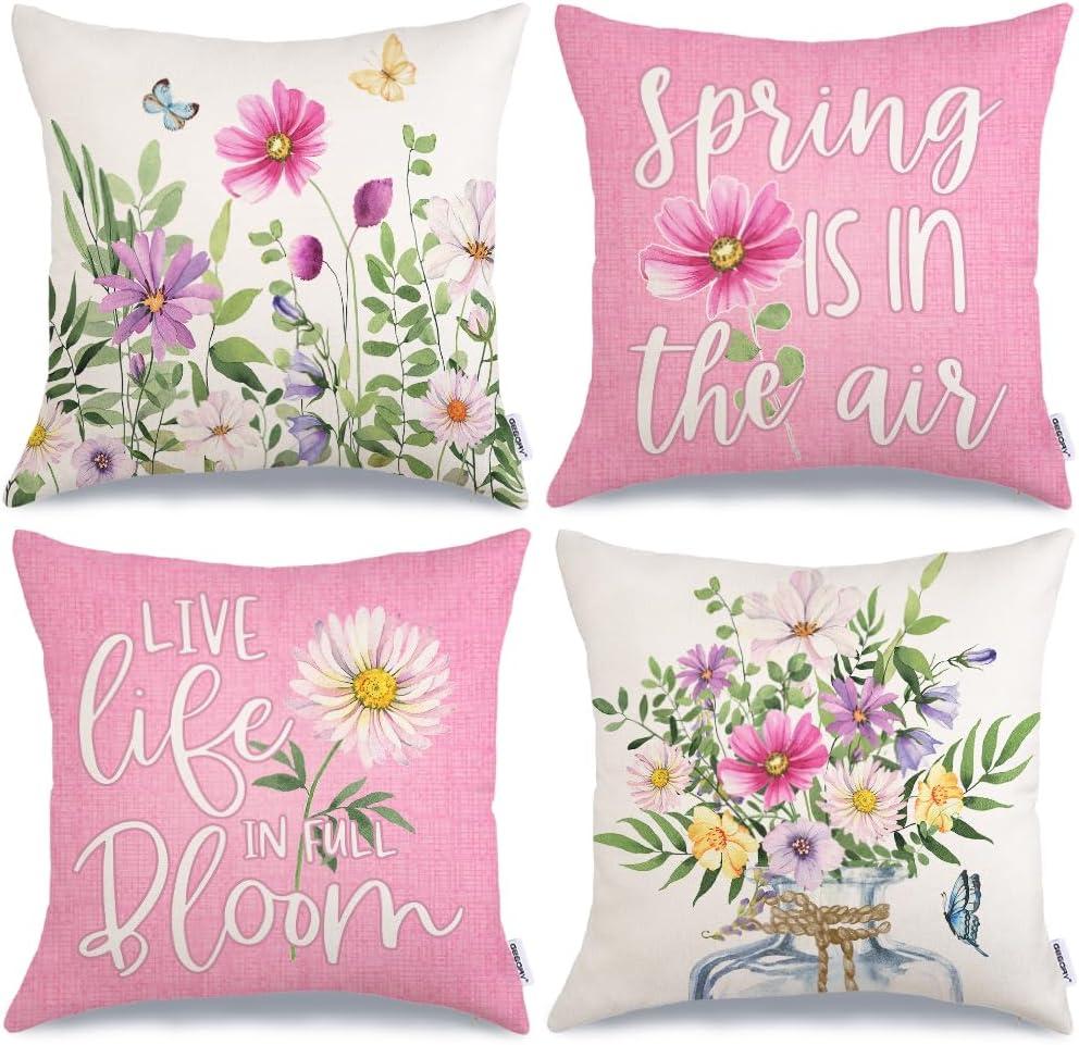 GEEORY Spring Pillow Covers 20x20 Inch Set of 4, Floral Mason Jar Pink Spring is in The Air Live Life in Full Bloom Farmhouse Decorative Throw Pillowcases for Home Sofa Couch Decoration G521-20