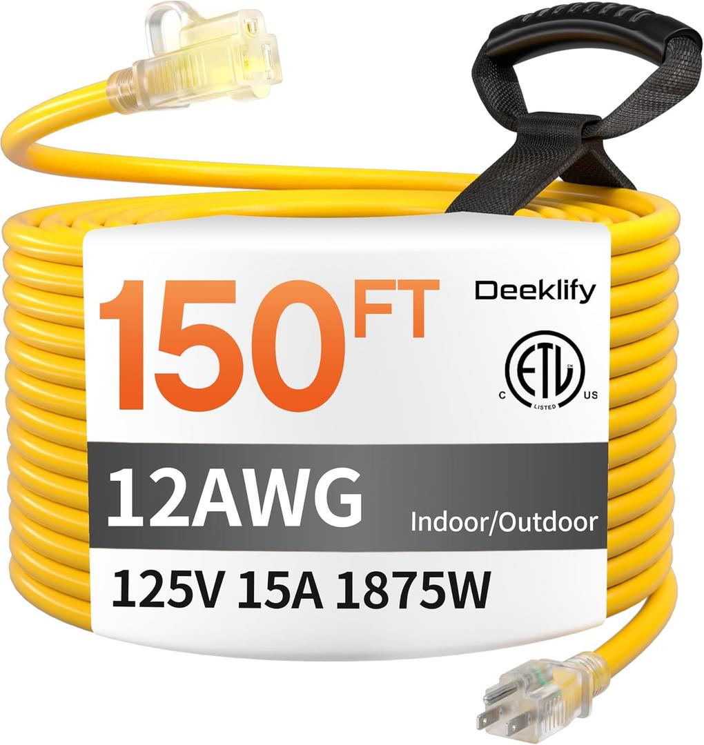 12 Gauge 150 FT Heavy Duty Outdoor Extension Cord Waterproof with Lighted End,Yellow12 Gauge Extension Cord Flexible and Cold Resistant 3 Prong Grounded Plug,15Amp 1875W SJTW ETL Listed