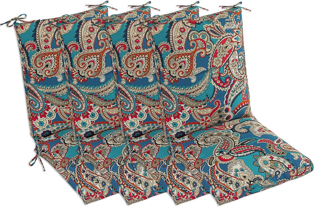 Set of 4 Outdoor Dining Chair Cushions, Comfort Patio Seating Cushions, 44 x21x4.5 inch, Single Welt and Zipper (Blue Trumpet Flowers), 4 Pack