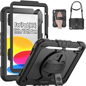 SEYMAC for iPad (A16) 11th/10th Generation Case 2025/2022 (11/10.9), Sturdy Heavy Duty Full-Body Shockproof Protective Case with Screen Protector, Rotating Stand, Hand/Shoulder Strap, Black