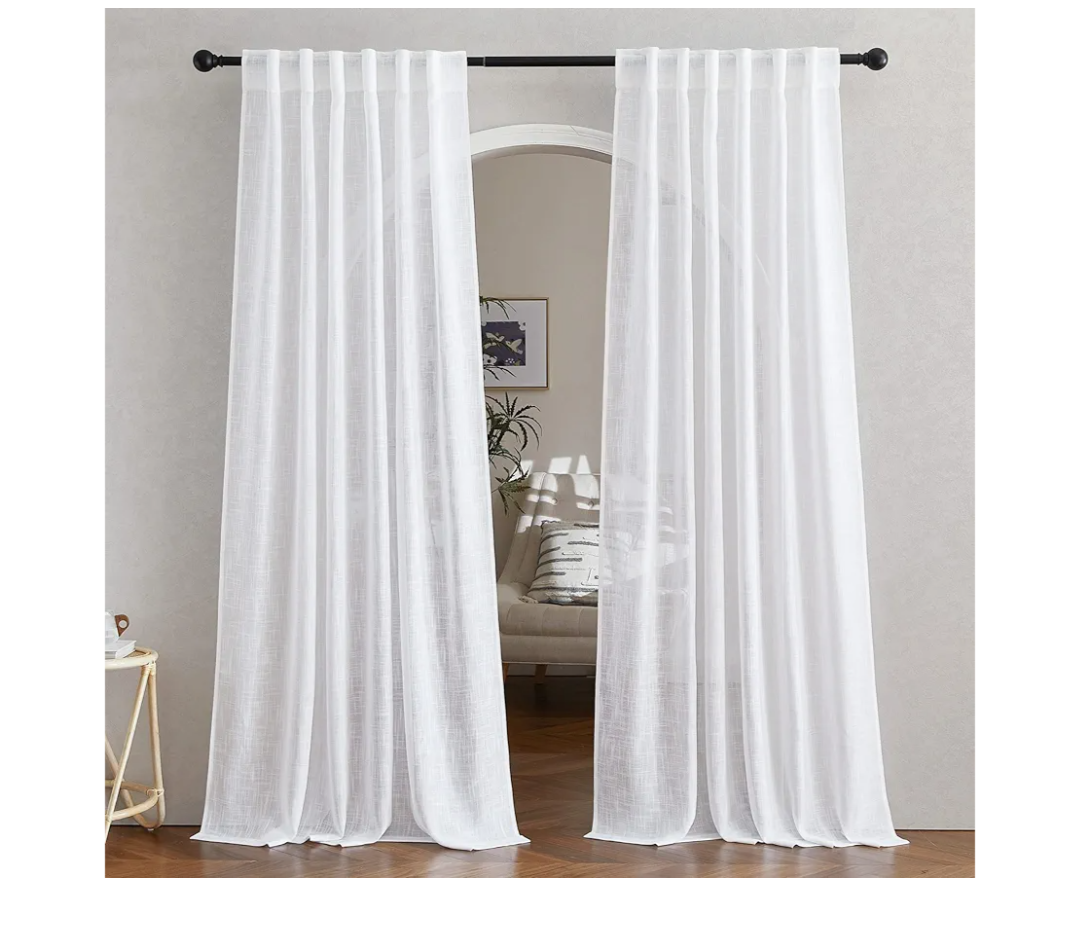 NICETOWN White Linen Sheer Curtains and Drapes 84 inches Long, Rod Pocket & Back Tab semitransparent with Light Through Vertical Window Treatments for Sliding Glass Door & Living Room, 52"W, Set of 2