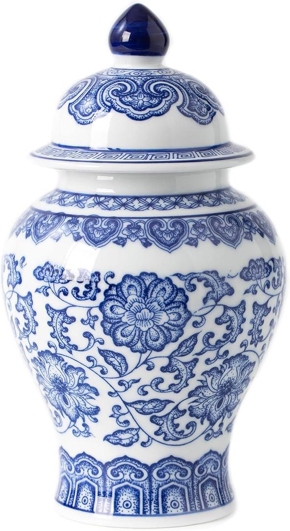 Blue and White Ginger Jar, Ceramic Chinoiserie Decorative Jars for Home, Office, Flower Vase Pocelain, Glossy Vase for Table, Living Room, Bookshelf, Mantle Fireplace, Centerpieces, 9.8"H (23.7 Ounces)