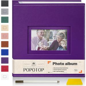 Popotop Photo Album Self Adhesive Scrapbook for 4x6 5x7 8x10 photos for Wedding Gifts & Baby Book, Leather Hardcover DIY Memory Book for Anniversary Family with Postcard, with A Scraper & Metallic Pen (12.6"x13.2" 20pages, Purple)