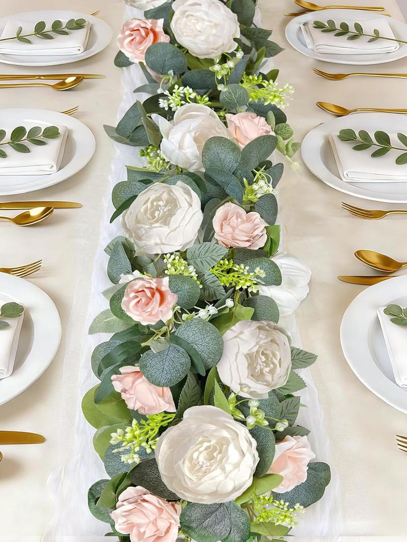 2 Pack 13Ft Artificial Eucalyptus Flower Garland with 16 White Peony Pink Rose, Baby Breath Fake Flowers Greenery Garland Floral Vine for Mantle Wedding Table Runner Centerpiece Backdrop Home Decor