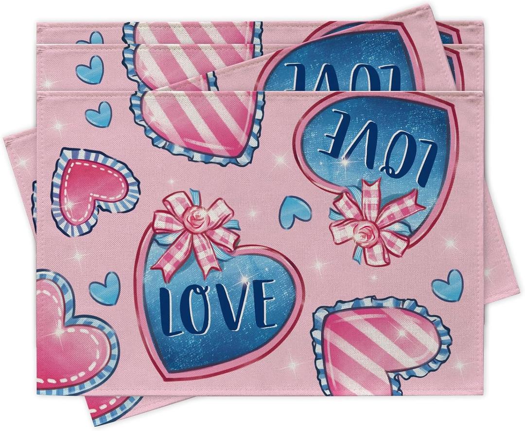 Valentines Day Love Placemats Set of 4, Blue Pink Hearts Dining Place Mats Table Decor, Anniversary Wedding Home Kitchen Decoration 12 x 18 Inch