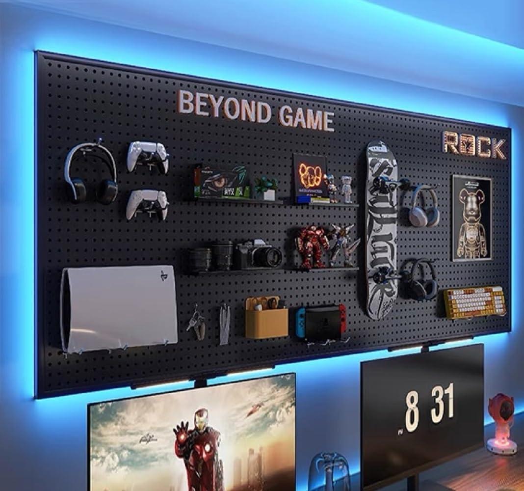 Peg Board with RGB+IC LED Strip Lights,2PCS Metal Pegboard Panels,Heavy Duty Pegboard Gaming Room Wall Organizer with Hooks,DIY RGB Gaming Setup Organizer Peg Board Wall Mounted 12 * 24