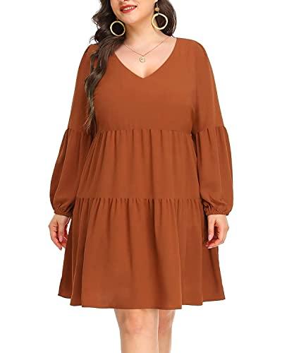 Pinup Fashion Tunic Dress Women Plus Size Fall Long Sleeve Brown Babydoll Shift V Neck Cute Casual Loose Flowy Swing Ruffle Dresses 20W