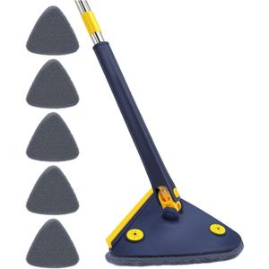 360 Rotatable Adjustable Cleaning Mop, Improved New Triangle Cleaning Mop with Automatic Water Squeezing Function Telescopic Spin Mop for Home Floor/Window/Wall (Blue-with 5 Mop Heads)