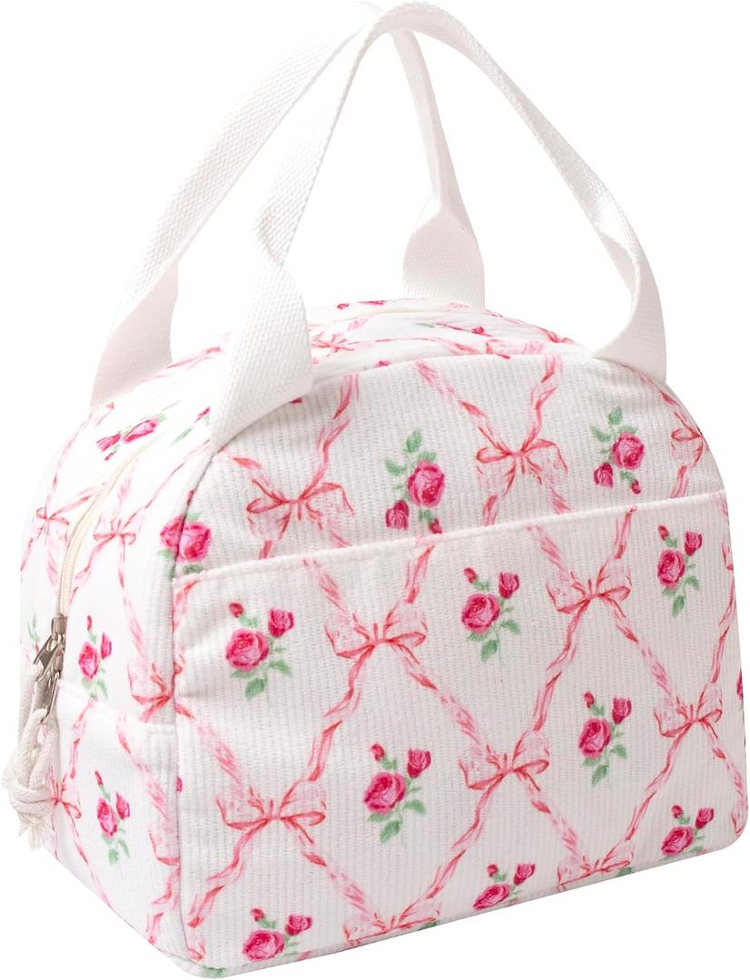Lunch Box for Wome Men Large Capacity Insulated Lunch Tote Bag for Kids Cute Corduroy Lunch Bags For Work Travel School Or Picnic (Bow)