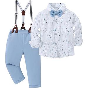  Toddler Baby Boy Clothes Suit Gentleman Wedding Outfits Formal Dress Shirt+Bowtie+Suspender Pants, Light Blue 3-4T