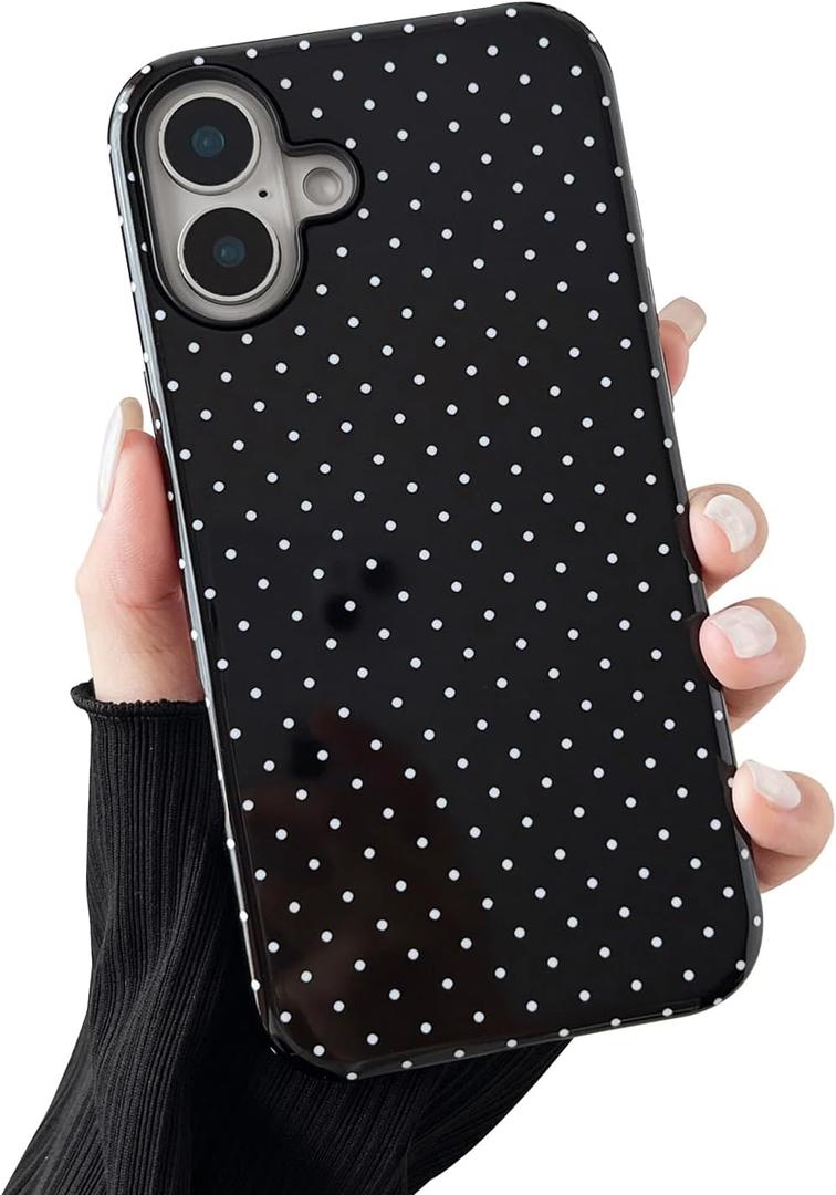 Compatible with iPhone 16 Case, Fashion Cute Polka Dot Pattern Aesthetic Design for Women, Soft TPU and Hard Back Shockproof Phone Case for iPhone 16 6.1 inch, Black