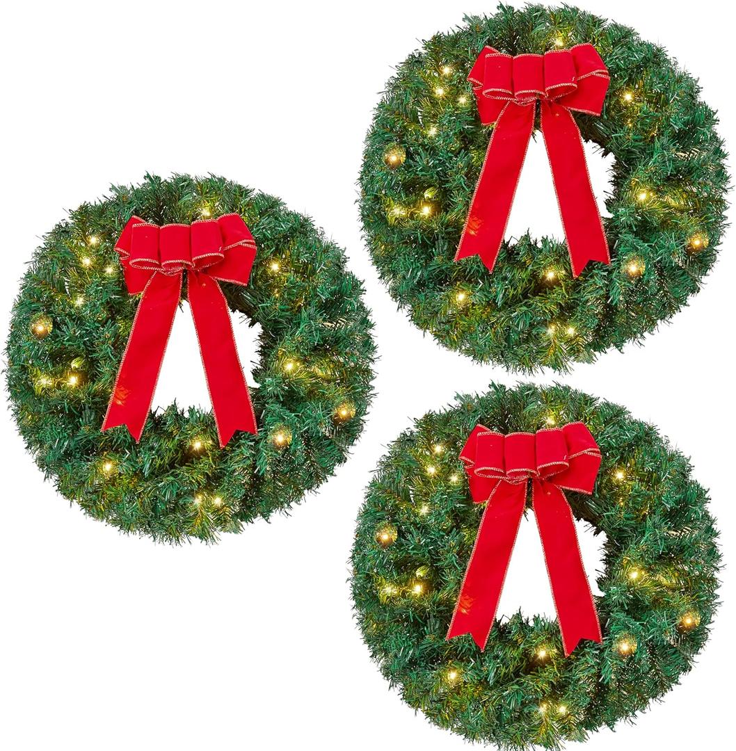 Joiedomi 19" Christmas Pre-Lit Wreath with LED Lights with Ribbon, 3 Pcs Wreaths for Front Door, Windows, Living Room, and Indoor Outdoor Christmas Decorations Window Door Wreath, Battery Operated