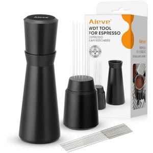 Aieve WDT Tool Espresso, Metal Distribution Tool with 10 x 0.4mm Stainless Steel Needles Espresso Stirrer, Coffee Distributor Aluminum Alloy Handle & Stand with 10 Extra Needle