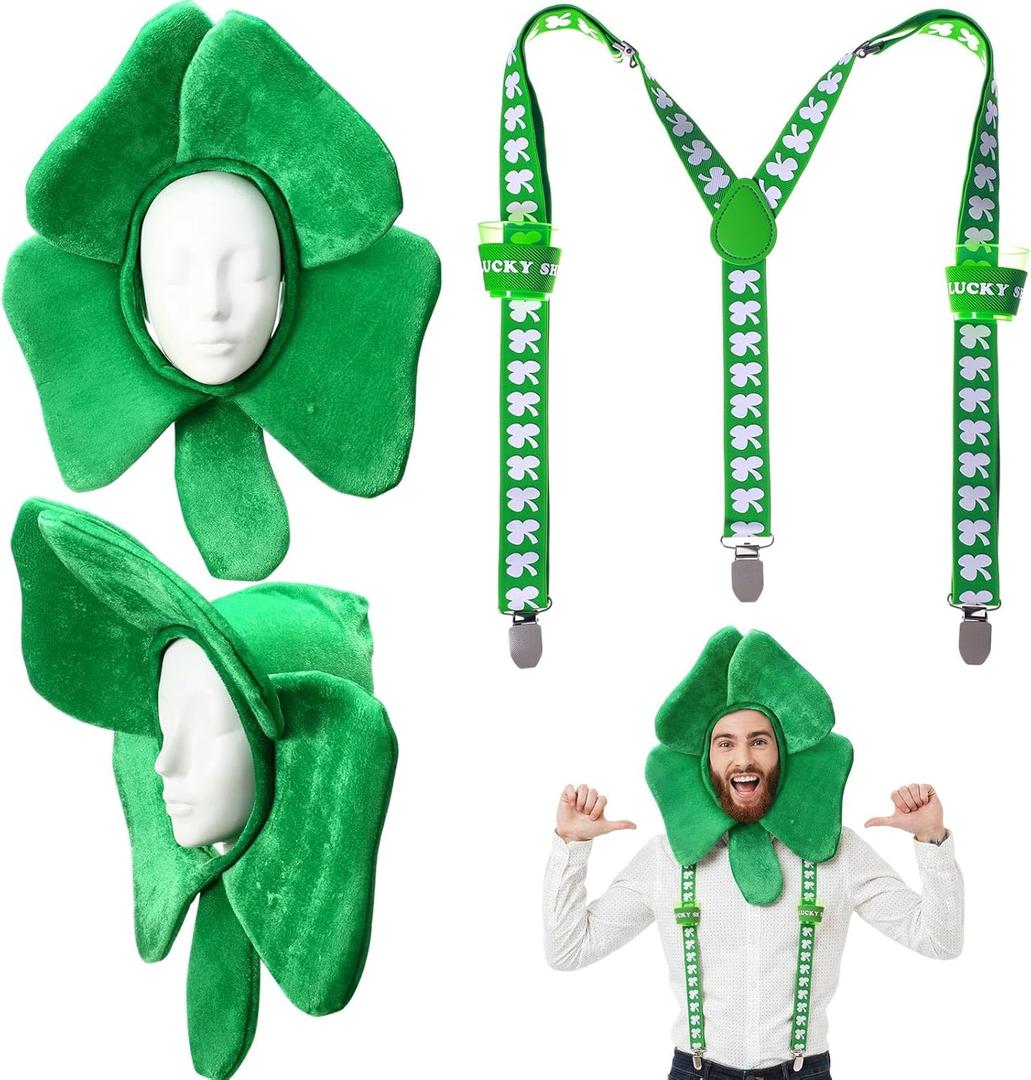 Zeyune 2 Pcs St Patrick's Day Party Costume Green Shamrock Top Hat & Shot Glasses Suspender with Clip Irish Accessories