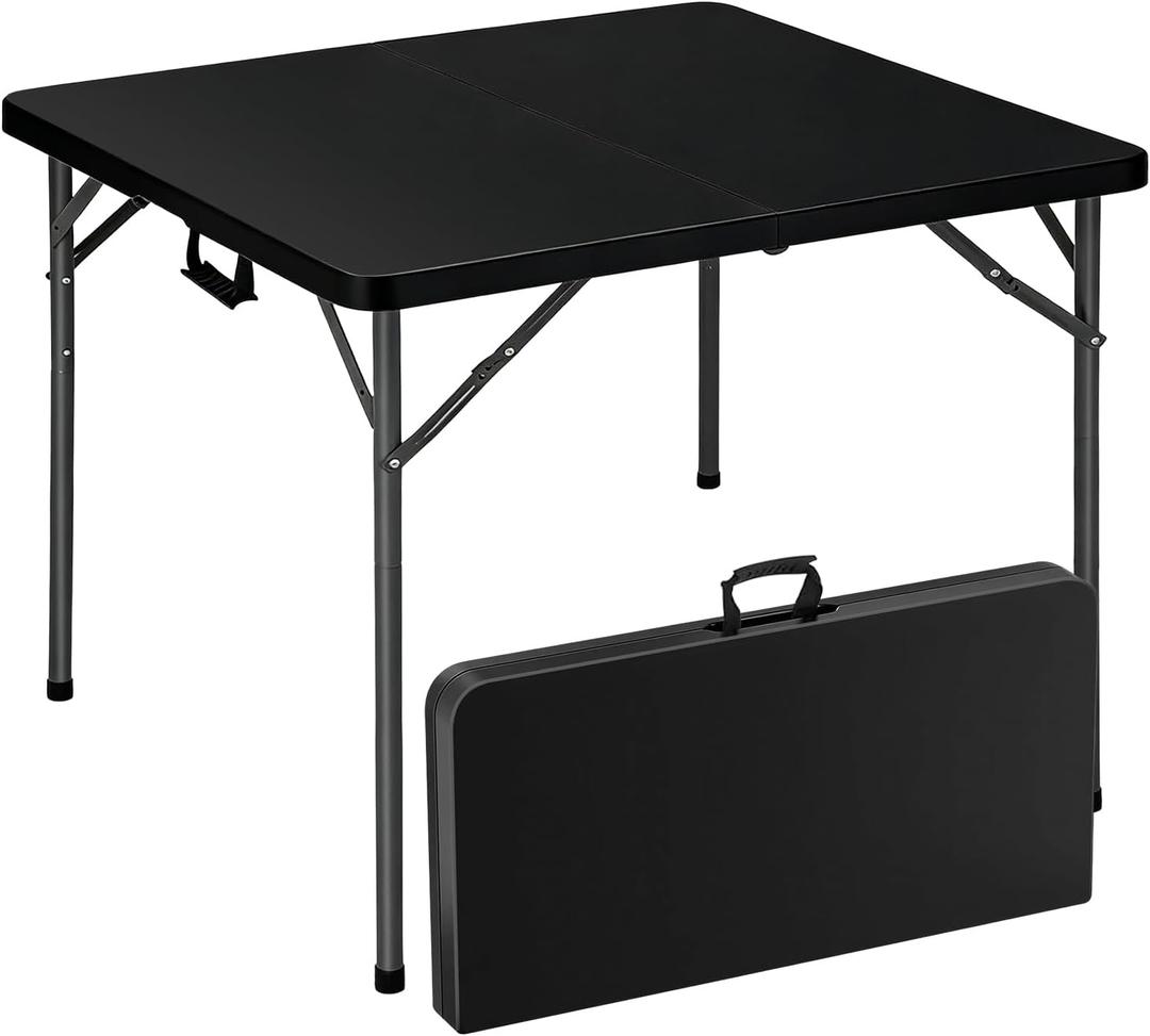 34“Square Card Table, Portable Folding Game Table for Parties & Camping, Fold in Half Design with Removable Steel Legs, Waterproof HDPE Top, Easy Setup Indoors & Outdoors, White, 34in
