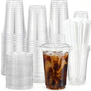 EUHOMY 100 Pack 16oz Clear Plastic Cups with Lids and Straws, Bulk Disposable Coffee Cups, BPA-Free Food Safe Takeaway Cups for Iced Coffee, Smoothies & Cold Drinks